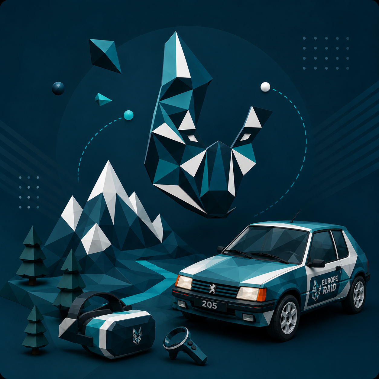 Illustration Europe Raid mêlant Peugeot 205, réalité virtuelle, montagne et identité graphique du raid