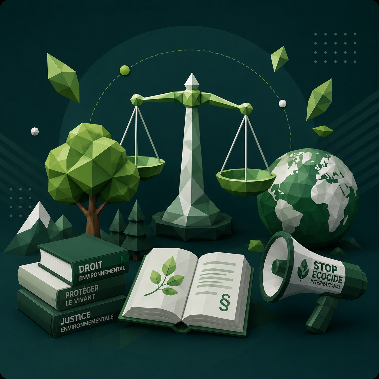 Illustration 3D Vertdict et Stop Ecocide International autour du droit environnemental